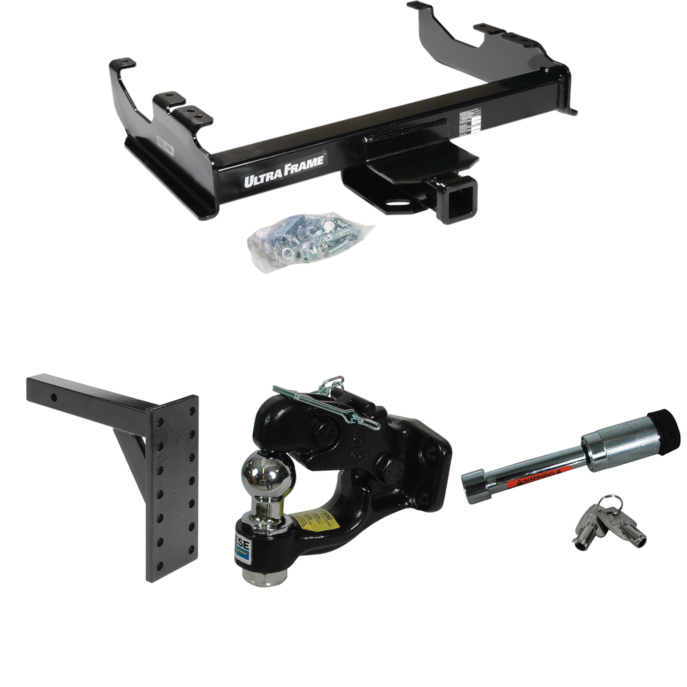 Fits 1985-1986 Chevrolet K10 Trailer Hitch Tow PKG w/ 7 Hole Pintle Hook Mounting Plate + Pintle Hook & 1-7/8" Ball Combination + Hitch Lock (For w/34" Wide Frames Models) By Draw-Tite