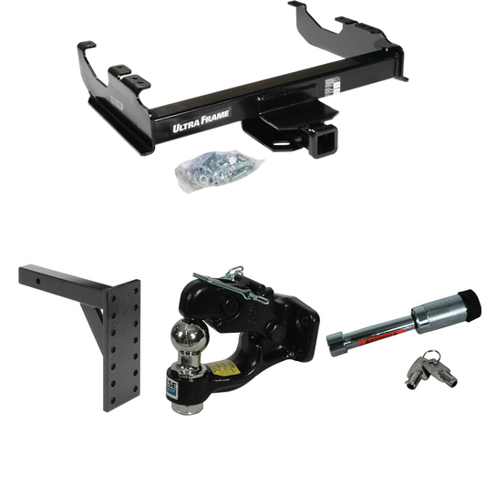 Fits 1985-1986 Chevrolet K10 Trailer Hitch Tow PKG w/ 7 Hole Pintle Hook Mounting Plate + Pintle Hook & 1-7/8" Ball Combination + Hitch Lock (For w/34" Wide Frames Models) By Draw-Tite