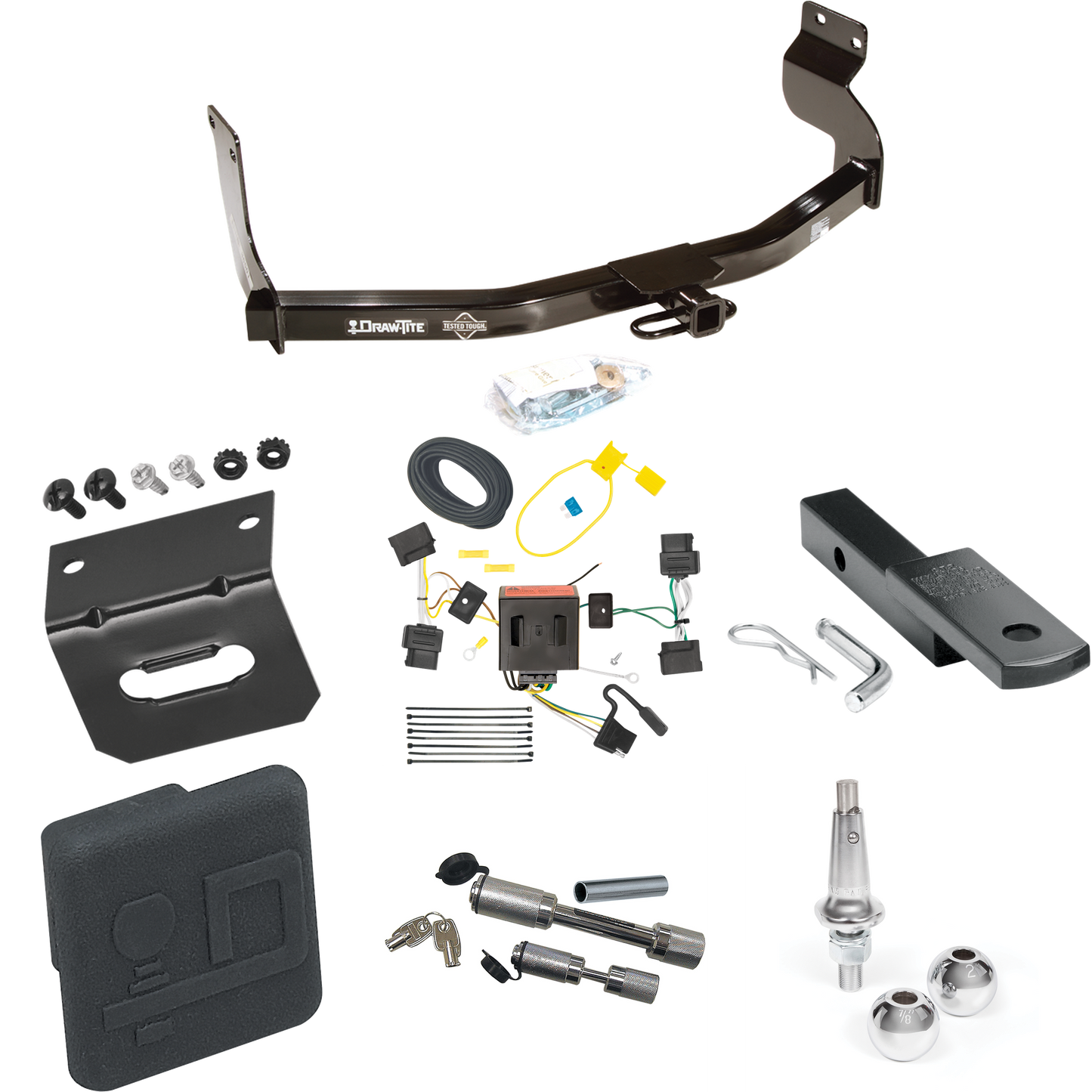 Fits 2008-2012 Ford Escape Trailer Hitch Tow PKG w/ 4-Flat Wiring Harness + Draw-Bar + Interchangeable 1-7/8" & 2" Balls + Wiring Bracket + Hitch Cover + Dual Hitch & Coupler Locks By Draw-Tite