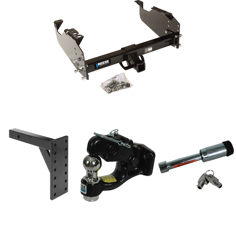 Fits 1988-2000 GMC K2500 Trailer Hitch Tow PKG w/ 7 Hole Pintle Hook Mounting Plate + Pintle Hook & 1-7/8" Ball Combination + Hitch Lock (For w/34" Wide Frames Models) By Reese Towpower