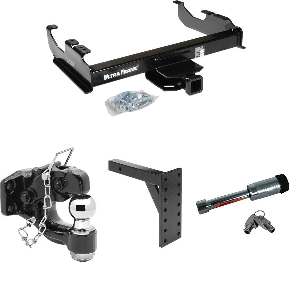 Fits 1988-1991 Chevrolet K2500 Trailer Hitch Tow PKG w/ 7 Hole Pintle Hook Mounting Plate + Pintle Hook & 2" Ball Combination + Hitch Lock (For Crew Cab Models) By Draw-Tite