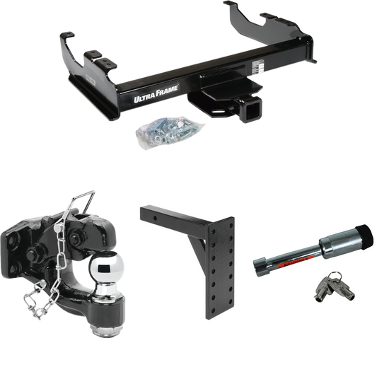 Fits 1985-1986 GMC K1500 Trailer Hitch Tow PKG w/ 7 Hole Pintle Hook Mounting Plate + Pintle Hook & 2" Ball Combination + Hitch Lock (For w/34" Wide Frames Models) By Draw-Tite