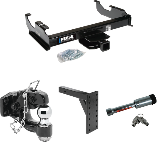 Fits 1985-1986 GMC K2500 Trailer Hitch Tow PKG w/ 7 Hole Pintle Hook Mounting Plate + Pintle Hook & 2" Ball Combination + Hitch Lock (For w/34" Wide Frames Models) By Reese Towpower