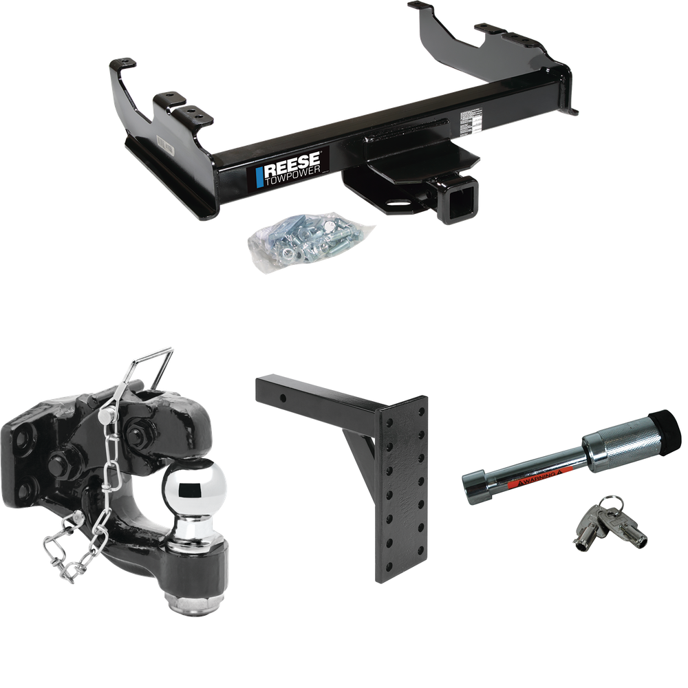 Fits 1985-1986 GMC K1500 Trailer Hitch Tow PKG w/ 7 Hole Pintle Hook Mounting Plate + Pintle Hook & 2" Ball Combination + Hitch Lock (For w/34" Wide Frames Models) By Reese Towpower