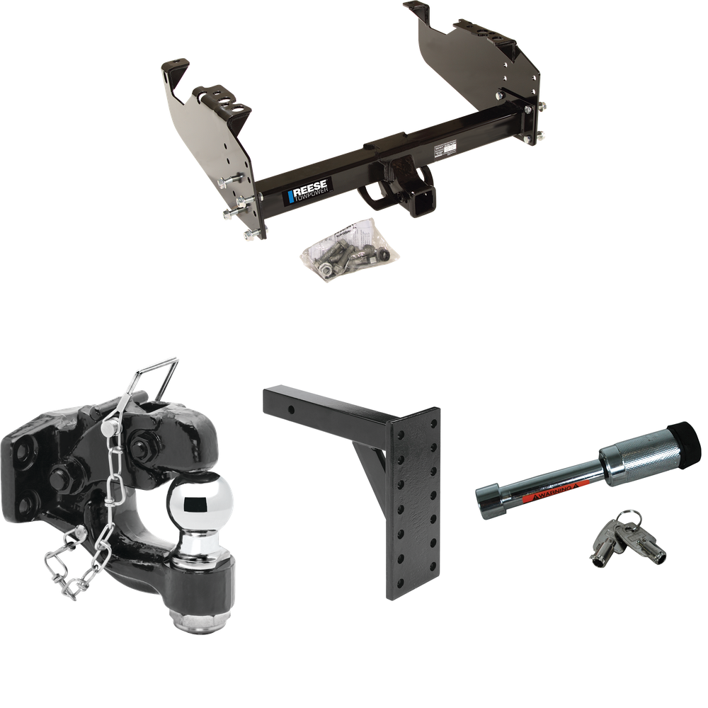 Fits 1999-2009 GMC C7500 Topkick Trailer Hitch Tow PKG w/ 7 Hole Pintle Hook Mounting Plate + Pintle Hook & 2" Ball Combination + Hitch Lock (For Cab & Chassis, w/34" Wide Frames Models) By Reese Towpower