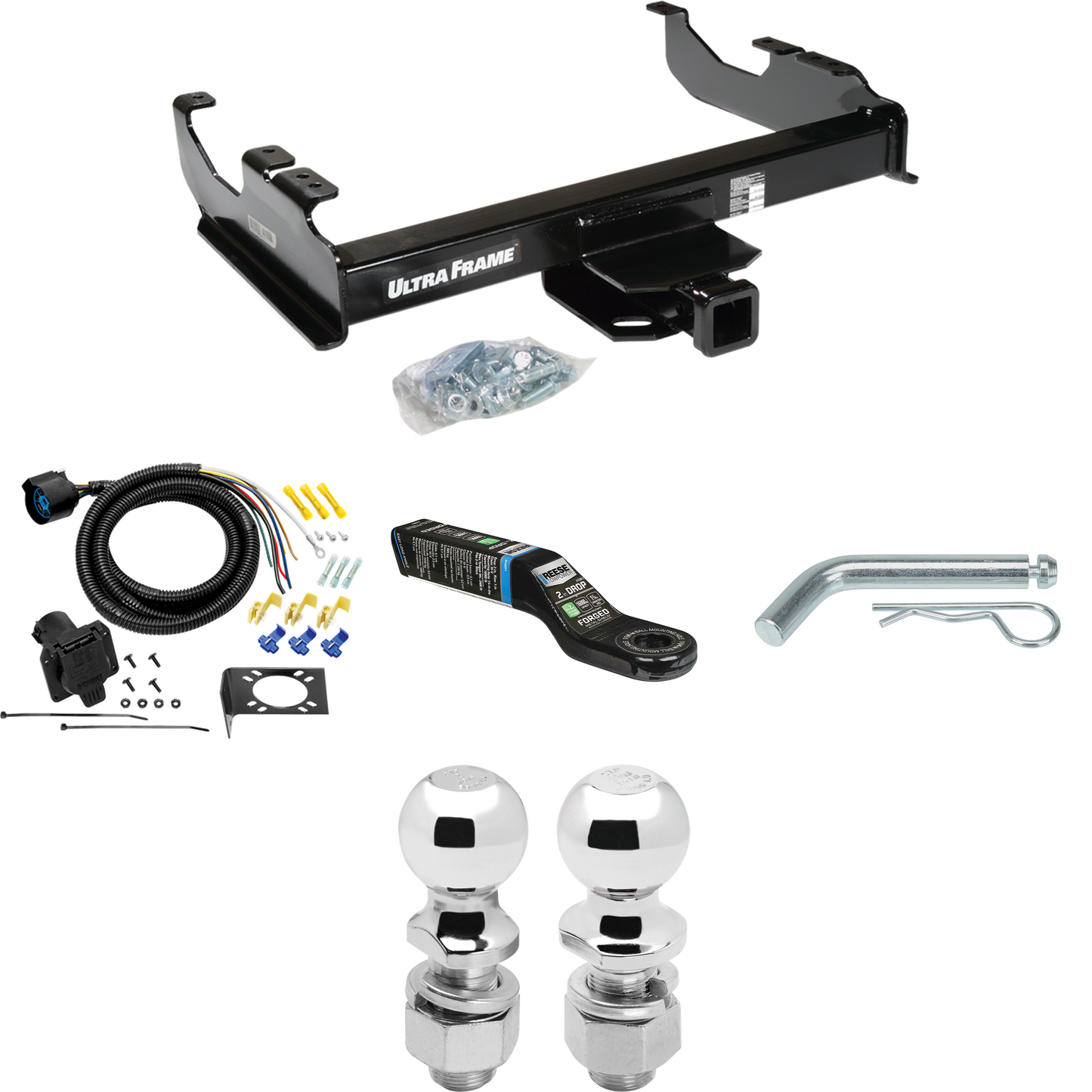 Fits 1985-1986 GMC K2500 Trailer Hitch Tow PKG w/ 7-Way RV Wiring + 2" & 2-5/16" Ball + Drop Mount (For w/34" Wide Frames Models) By Draw-Tite