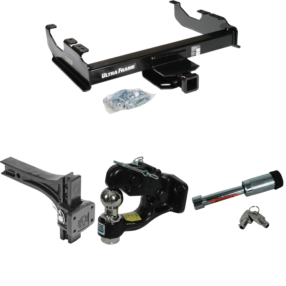 Fits 1985-1986 Chevrolet K30 Trailer Hitch Tow PKG w/ Adjustable Pintle Hook Mounting Plate + Pintle Hook & 1-7/8" Ball Combination + Hitch Lock (For w/34" Wide Frames Models) By Draw-Tite