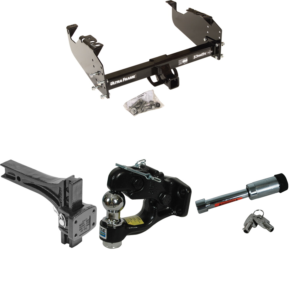 Fits 2007-2024 Chevrolet Silverado 3500 HD Trailer Hitch Tow PKG w/ Adjustable Pintle Hook Mounting Plate + Pintle Hook & 1-7/8" Ball Combination + Hitch Lock (For Cab & Chassis, w/34" Wide Frames Models) By Draw-Tite