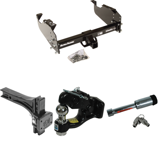 Fits 2007-2024 Chevrolet Silverado 3500 HD Trailer Hitch Tow PKG w/ Adjustable Pintle Hook Mounting Plate + Pintle Hook & 1-7/8" Ball Combination + Hitch Lock (For Cab & Chassis, w/34" Wide Frames Models) By Draw-Tite