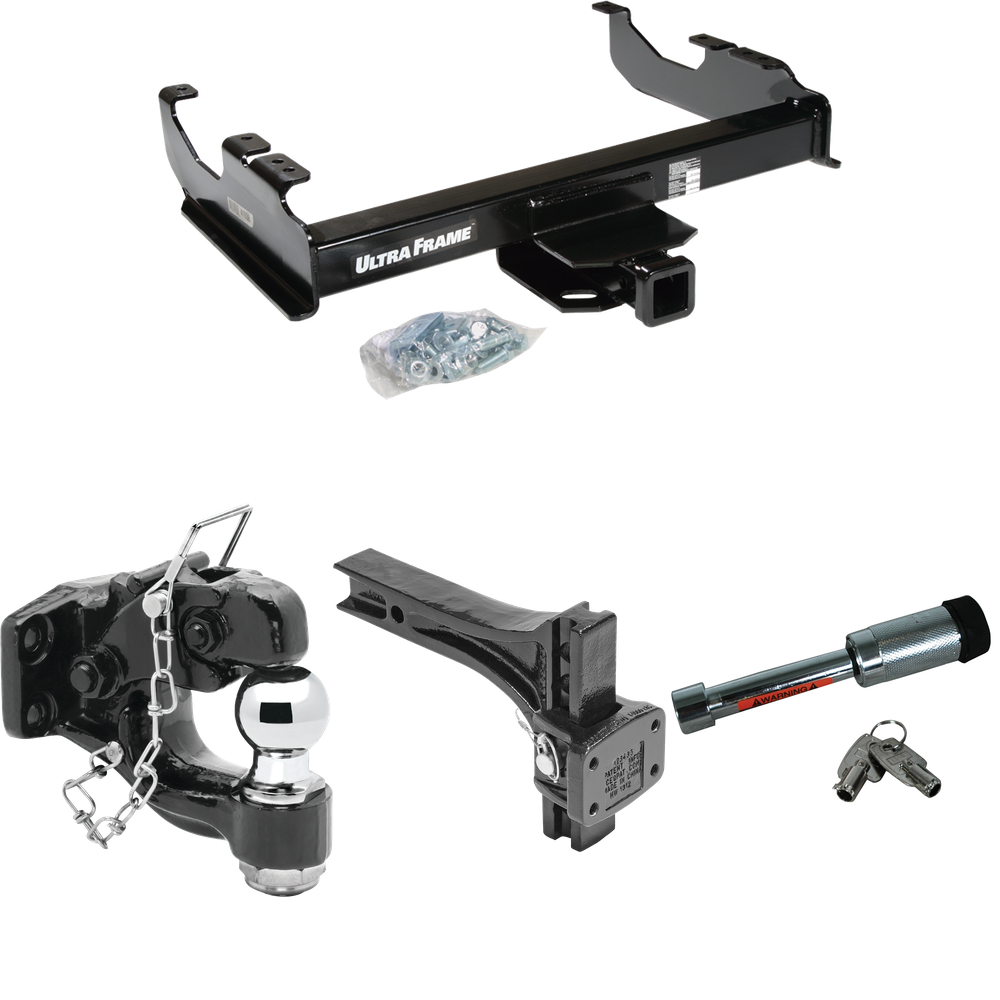 Fits 1988-2000 GMC K3500 Trailer Hitch Tow PKG w/ Adjustable Pintle Hook Mounting Plate + Pintle Hook & 2" Ball Combination + Hitch Lock (For w/34" Wide Frames Models) By Draw-Tite