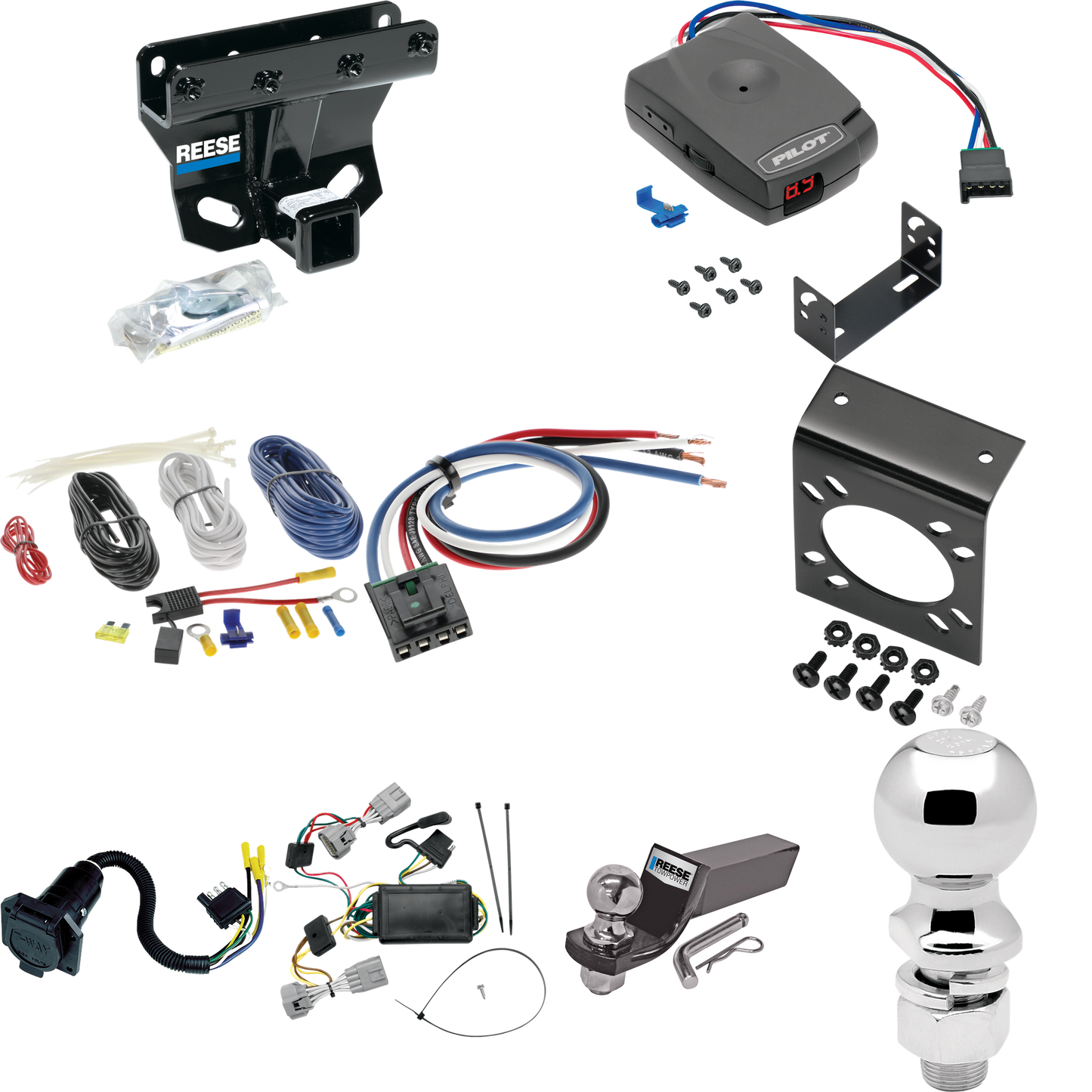 Fits 2005-2006 Jeep Grand Cherokee Trailer Hitch Tow PKG w/ Pro Series Pilot Brake Control + Generic BC Wiring Adapter + 7-Way RV Wiring + 2" & 2-5/16" Ball & Drop Mount (Excludes: SRT-8 Models) By Reese Towpower