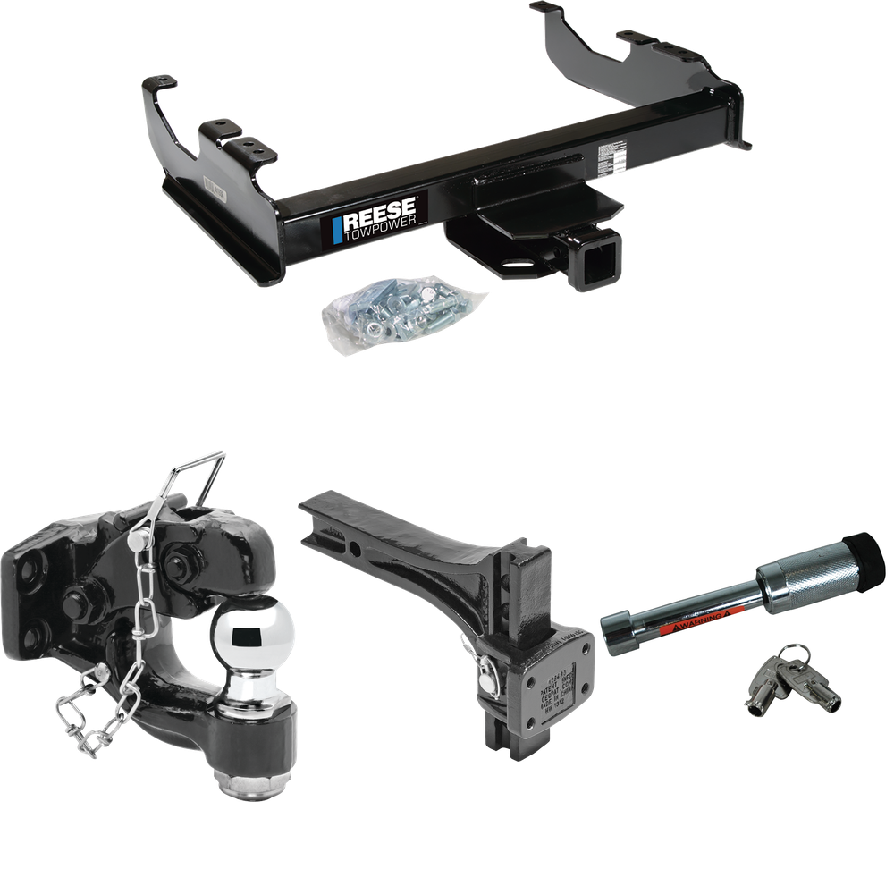 Fits 1988-1999 GMC K1500 Trailer Hitch Tow PKG w/ Adjustable Pintle Hook Mounting Plate + Pintle Hook & 2" Ball Combination + Hitch Lock (For w/34" Wide Frames Models) By Reese Towpower