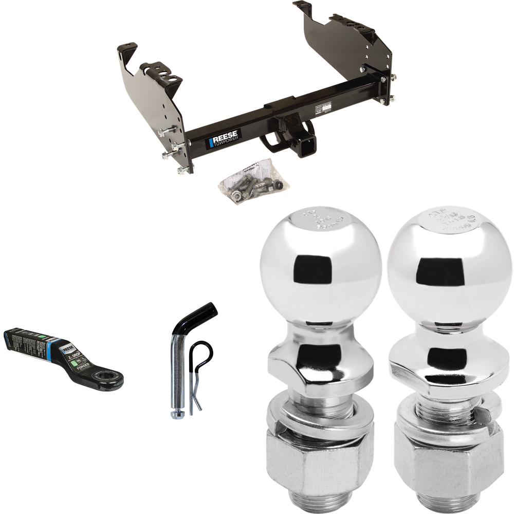 Fits 2011-2012 RAM 3500 Trailer Hitch Tow PKG w/ Ball Mount w/ 2" Drop + Pin/Clip + 2" Ball + 2-5/16" Ball (For Cab & Chassis, w/34" Wide Frames Models) By Reese Towpower