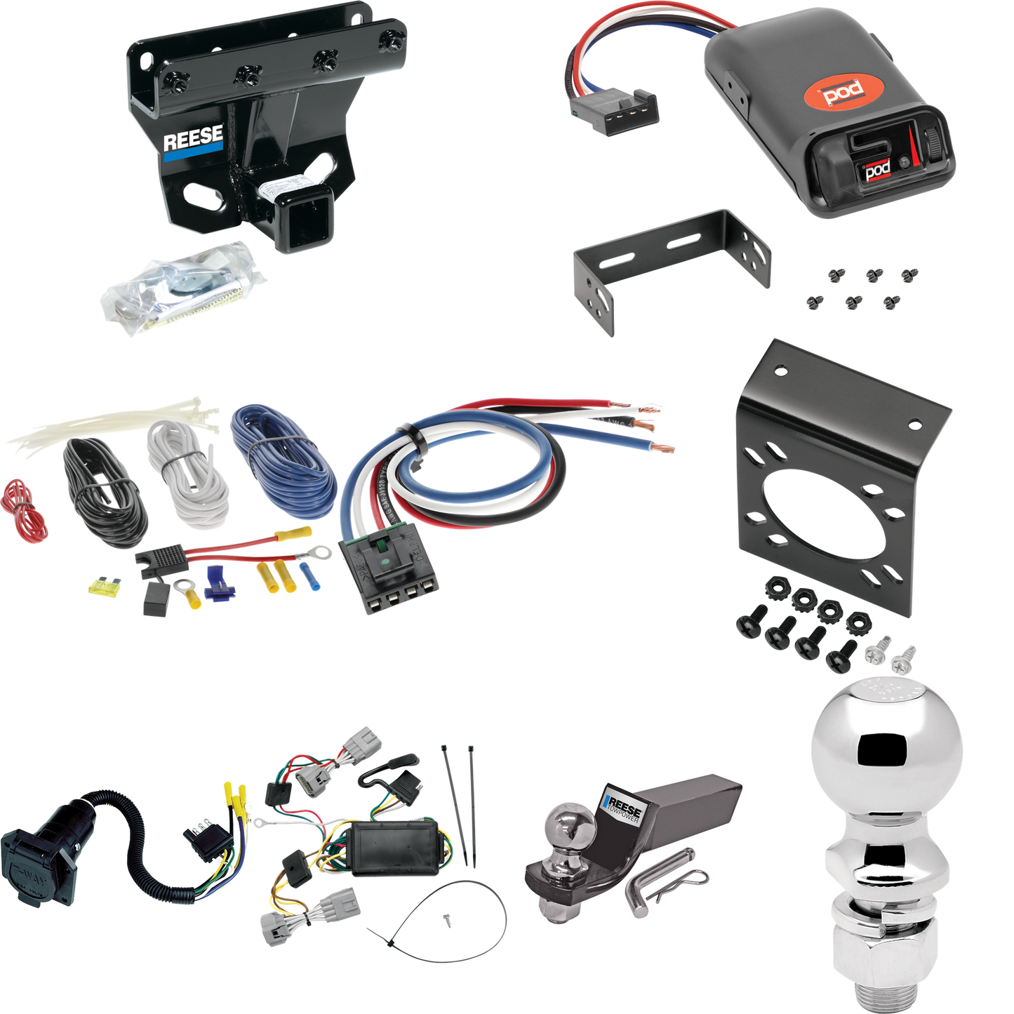 Fits 2005-2006 Jeep Grand Cherokee Trailer Hitch Tow PKG w/ Pro Series POD Brake Control + Generic BC Wiring Adapter + 7-Way RV Wiring + 2" & 2-5/16" Ball & Drop Mount (Excludes: SRT-8 Models) By Reese Towpower