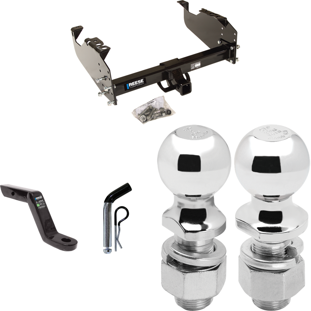 Fits 1999-2009 GMC C7500 Topkick Trailer Hitch Tow PKG w/ Ball Mount w/ 6" Drop + Pin/Clip + 2" Ball + 2-5/16" Ball (For Cab & Chassis, w/34" Wide Frames Models) By Reese Towpower