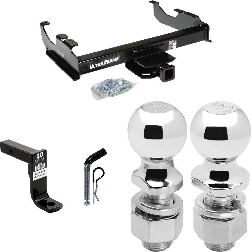 Fits 1985-1986 Chevrolet C10 Trailer Hitch Tow PKG w/ Ball Mount w/ 8" Drop + Pin/Clip + 2" Ball + 2-5/16" Ball (For w/34" Wide Frames Models) By Draw-Tite