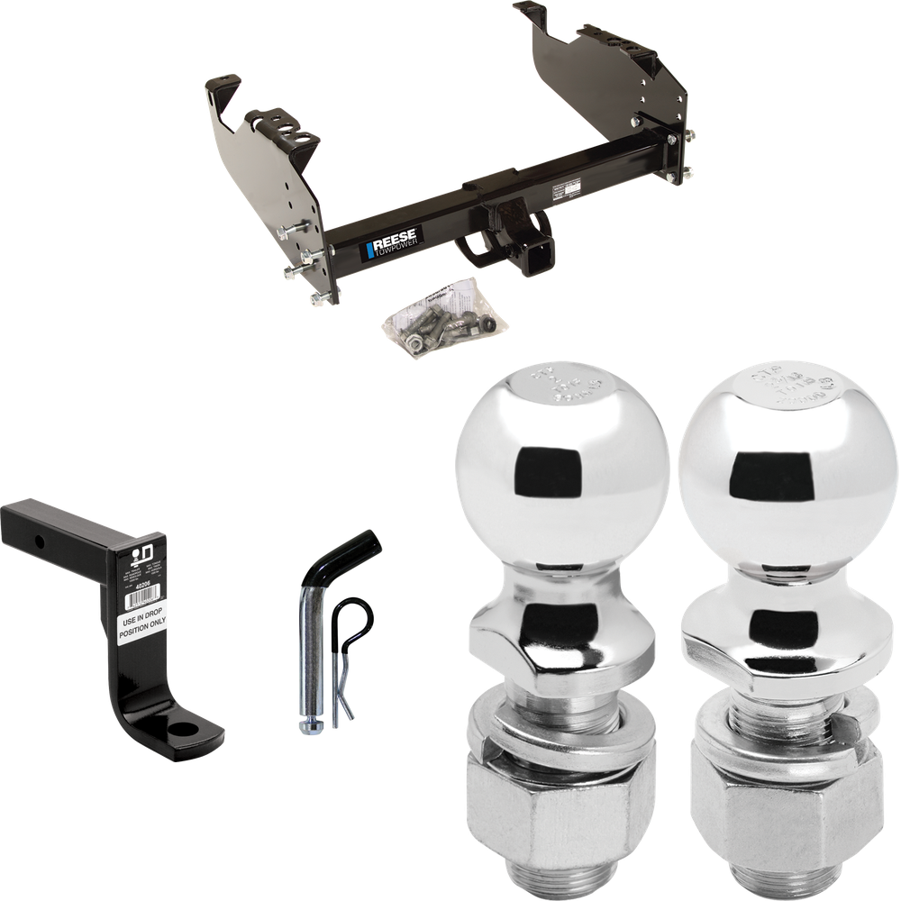 Fits 1999-2009 Chevrolet C8500 Kodiak Trailer Hitch Tow PKG w/ Ball Mount w/ 8" Drop + Pin/Clip + 2" Ball + 2-5/16" Ball (For Cab & Chassis, w/34" Wide Frames Models) By Reese Towpower