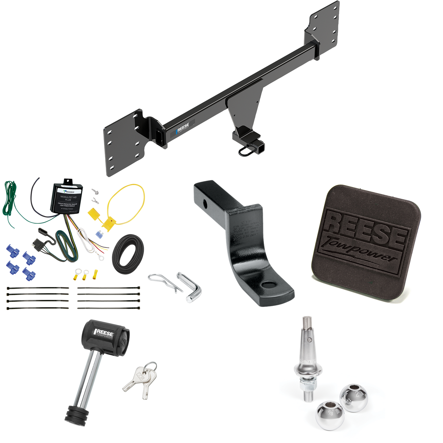 Fits 2012-2023 Tesla S Trailer Hitch Tow PKG w/ 4-Flat Wiring Harness + Draw-Bar + Interchangeable 1-7/8" & 2" Balls + Hitch Cover + Hitch Lock By Reese Towpower