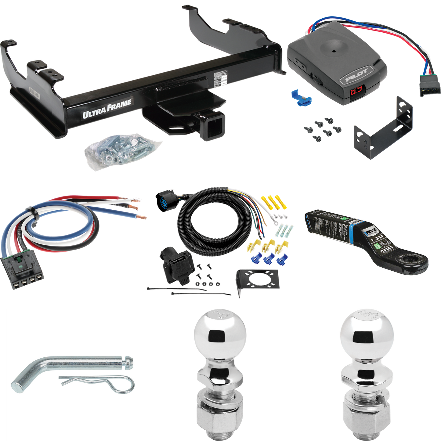 Fits 1985-1986 Chevrolet K20 Trailer Hitch Tow PKG w/ Pro Series Pilot Brake Control + Generic BC Wiring Adapter + 7-Way RV Wiring + 2" & 2-5/16" Ball & Drop Mount (For w/34" Wide Frames Models) By Draw-Tite