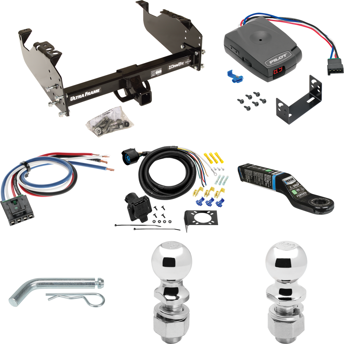 Fits 1973-1984 Chevrolet K30 Trailer Hitch Tow PKG w/ Pro Series Pilot Brake Control + Generic BC Wiring Adapter + 7-Way RV Wiring + 2" & 2-5/16" Ball & Drop Mount By Draw-Tite