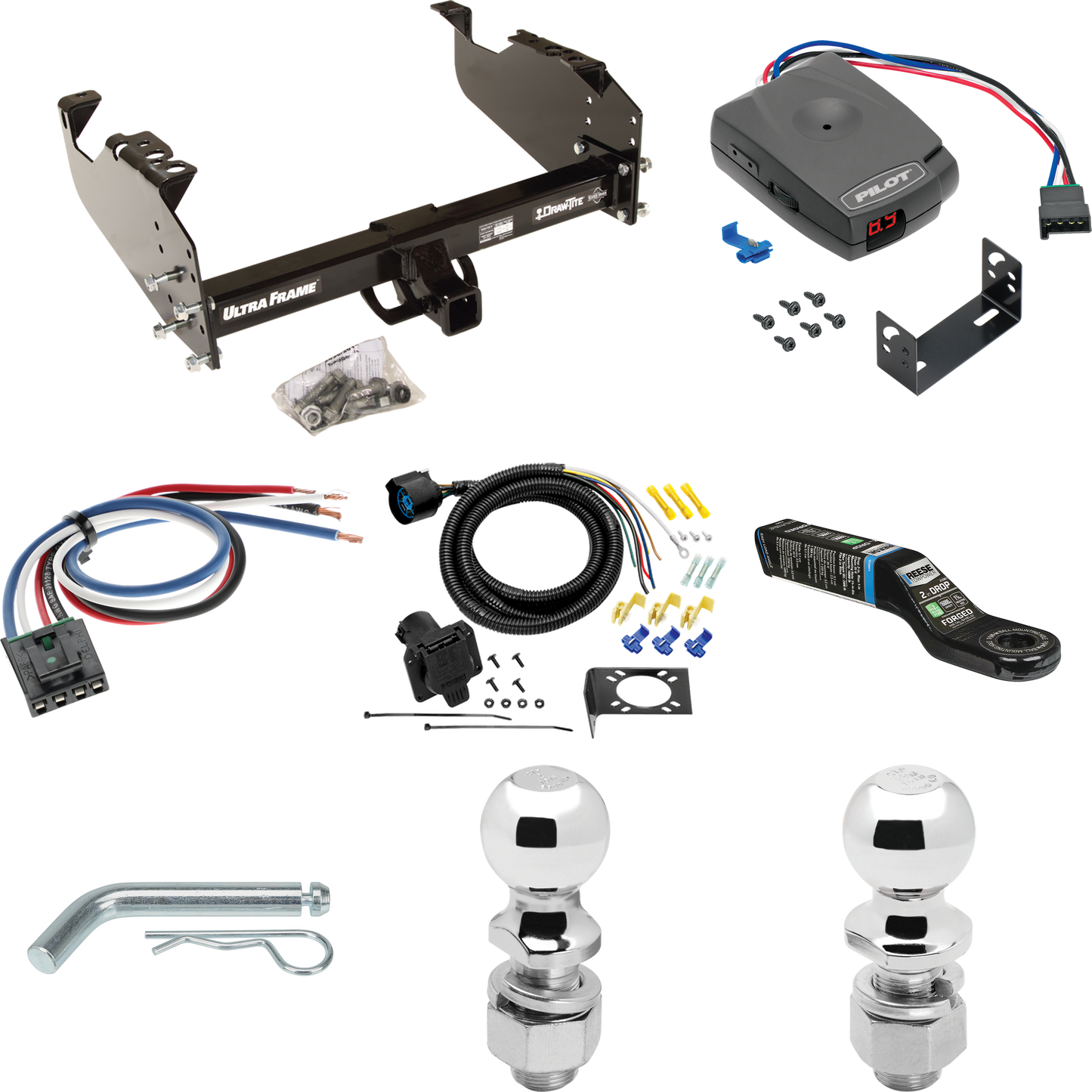 Fits 1985-1986 Chevrolet K30 Trailer Hitch Tow PKG w/ Pro Series Pilot Brake Control + Generic BC Wiring Adapter + 7-Way RV Wiring + 2" & 2-5/16" Ball & Drop Mount (For w/34" Wide Frames Models) By Draw-Tite