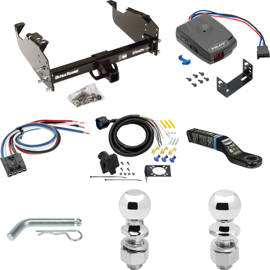 Fits 1985-1999 GMC K1500 Trailer Hitch Tow PKG w/ Pro Series Pilot Brake Control + Generic BC Wiring Adapter + 7-Way RV Wiring + 2" & 2-5/16" Ball & Drop Mount (For w/34" Wide Frames Models) By Draw-Tite