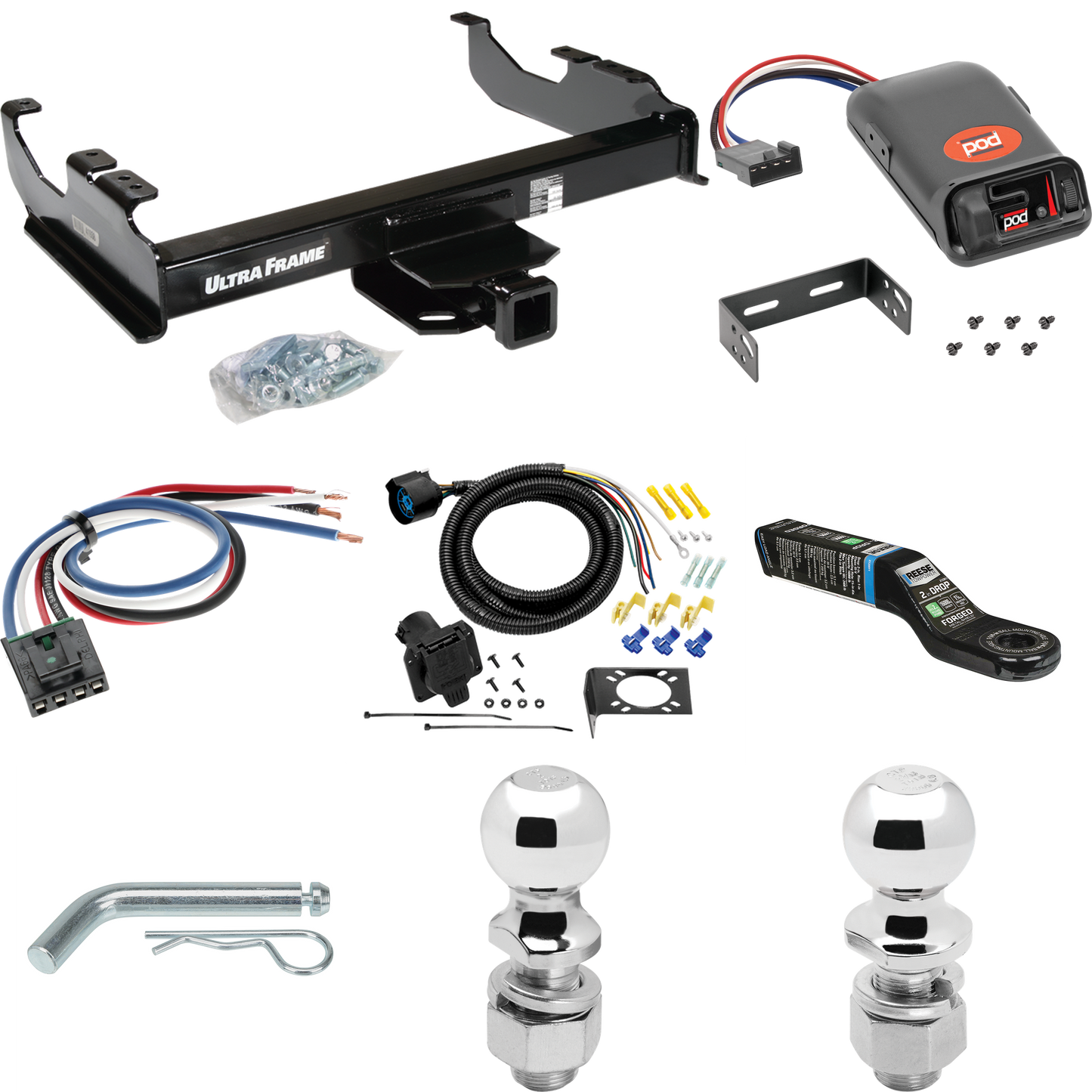 Fits 1985-2000 GMC C3500 Trailer Hitch Tow PKG w/ Pro Series POD Brake Control + Generic BC Wiring Adapter + 7-Way RV Wiring + 2" & 2-5/16" Ball & Drop Mount (For w/34" Wide Frames Models) By Draw-Tite