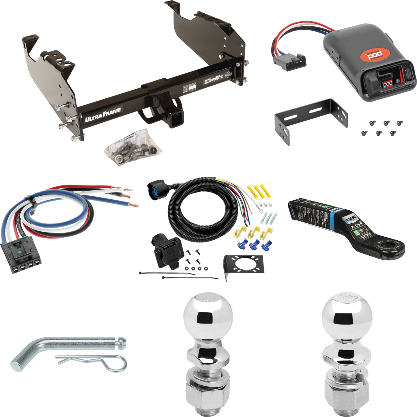 Fits 1985-1986 Chevrolet K10 Trailer Hitch Tow PKG w/ Pro Series POD Brake Control + Generic BC Wiring Adapter + 7-Way RV Wiring + 2" & 2-5/16" Ball & Drop Mount (For w/34" Wide Frames Models) By Draw-Tite