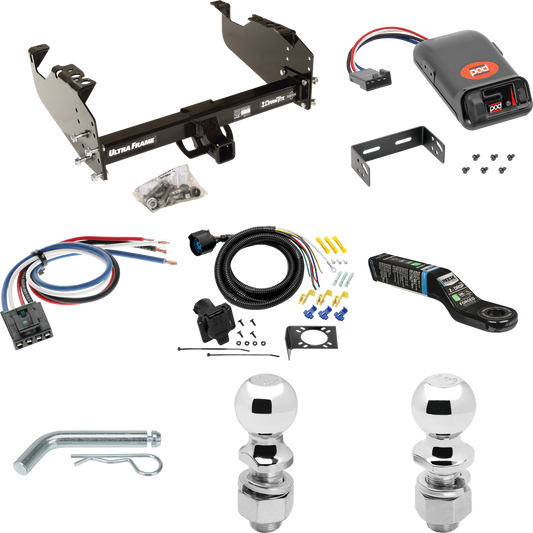 Fits 1985-1986 Chevrolet K10 Trailer Hitch Tow PKG w/ Pro Series POD Brake Control + Generic BC Wiring Adapter + 7-Way RV Wiring + 2" & 2-5/16" Ball & Drop Mount (For w/34" Wide Frames Models) By Draw-Tite