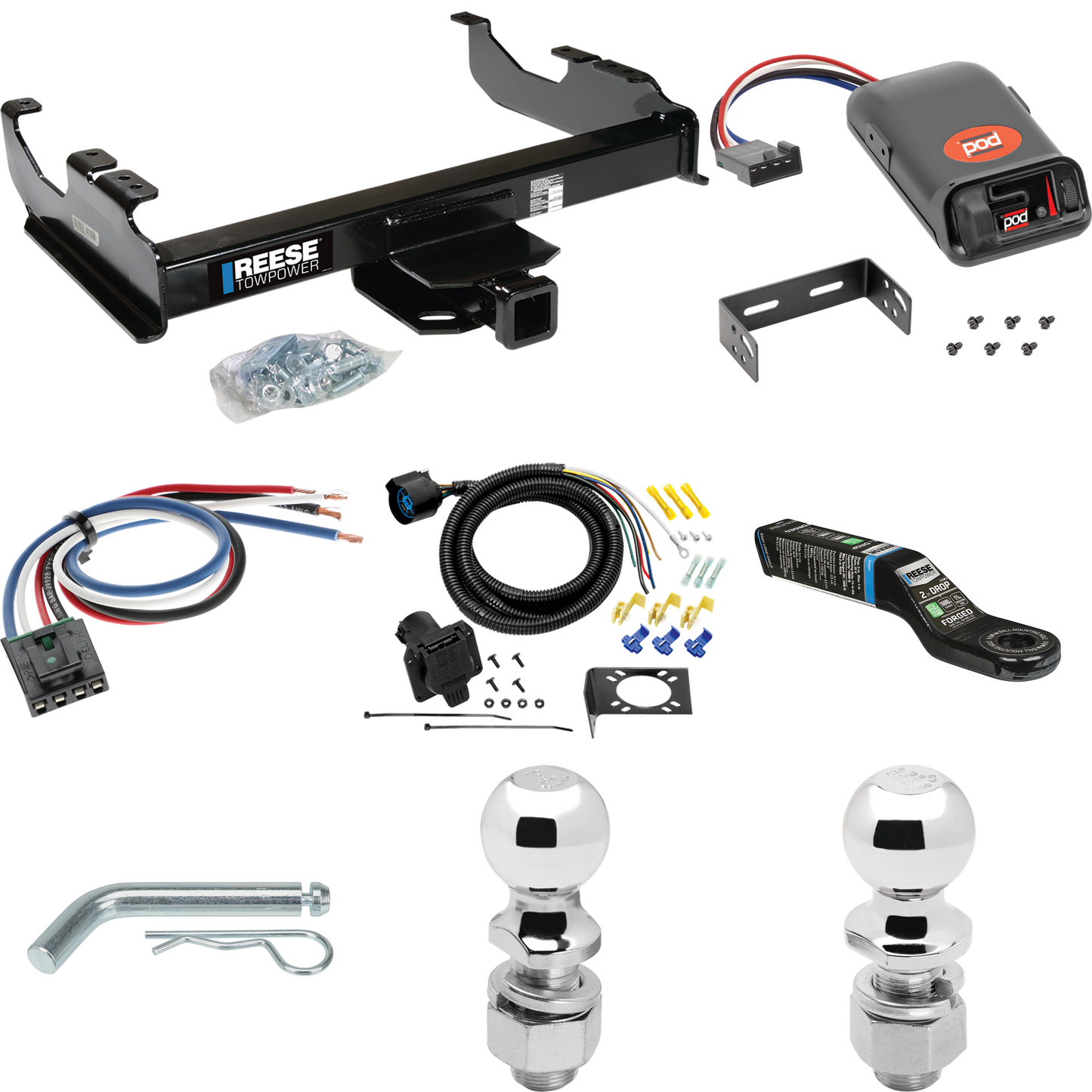 Fits 1967-1978 GMC C25 Trailer Hitch Tow PKG w/ Pro Series POD Brake Control + Generic BC Wiring Adapter + 7-Way RV Wiring + 2" & 2-5/16" Ball & Drop Mount By Reese Towpower