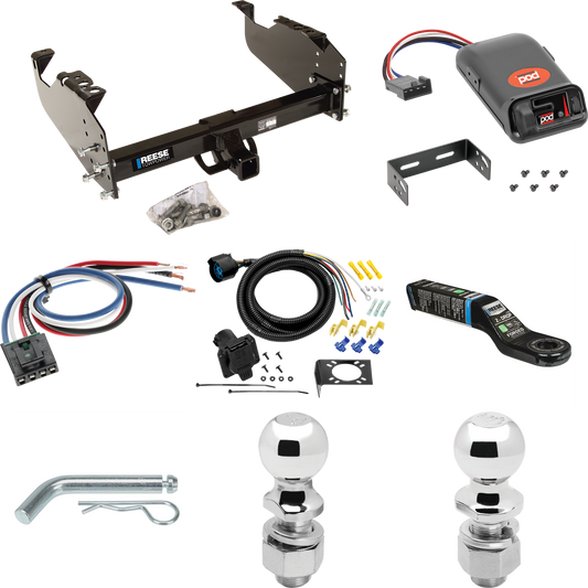 Fits 1963-1984 Chevrolet C20 Trailer Hitch Tow PKG w/ Pro Series POD Brake Control + Generic BC Wiring Adapter + 7-Way RV Wiring + 2" & 2-5/16" Ball & Drop Mount By Reese Towpower