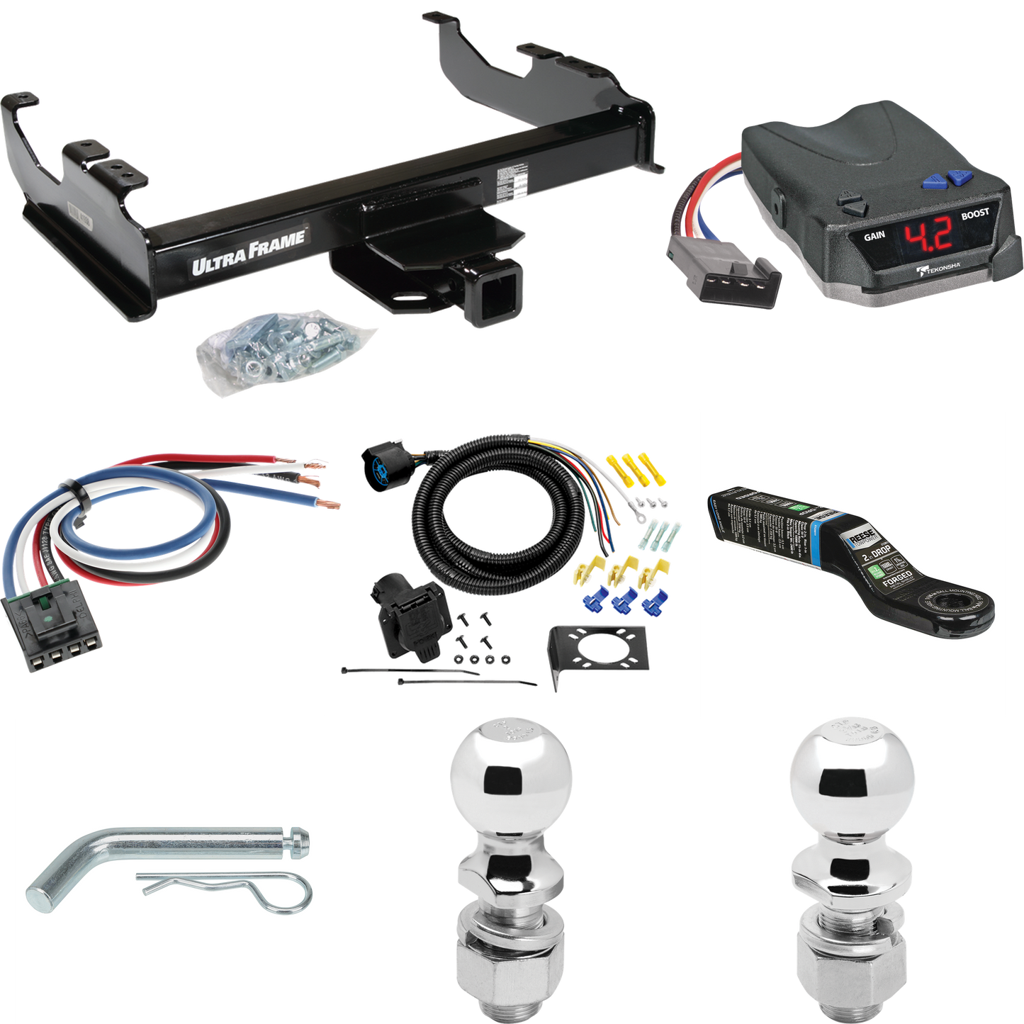 Fits 1985-2000 GMC C2500 Trailer Hitch Tow PKG w/ Tekonsha BRAKE-EVN Brake Control + Generic BC Wiring Adapter + 7-Way RV Wiring + 2" & 2-5/16" Ball & Drop Mount (For w/34" Wide Frames Models) By Draw-Tite