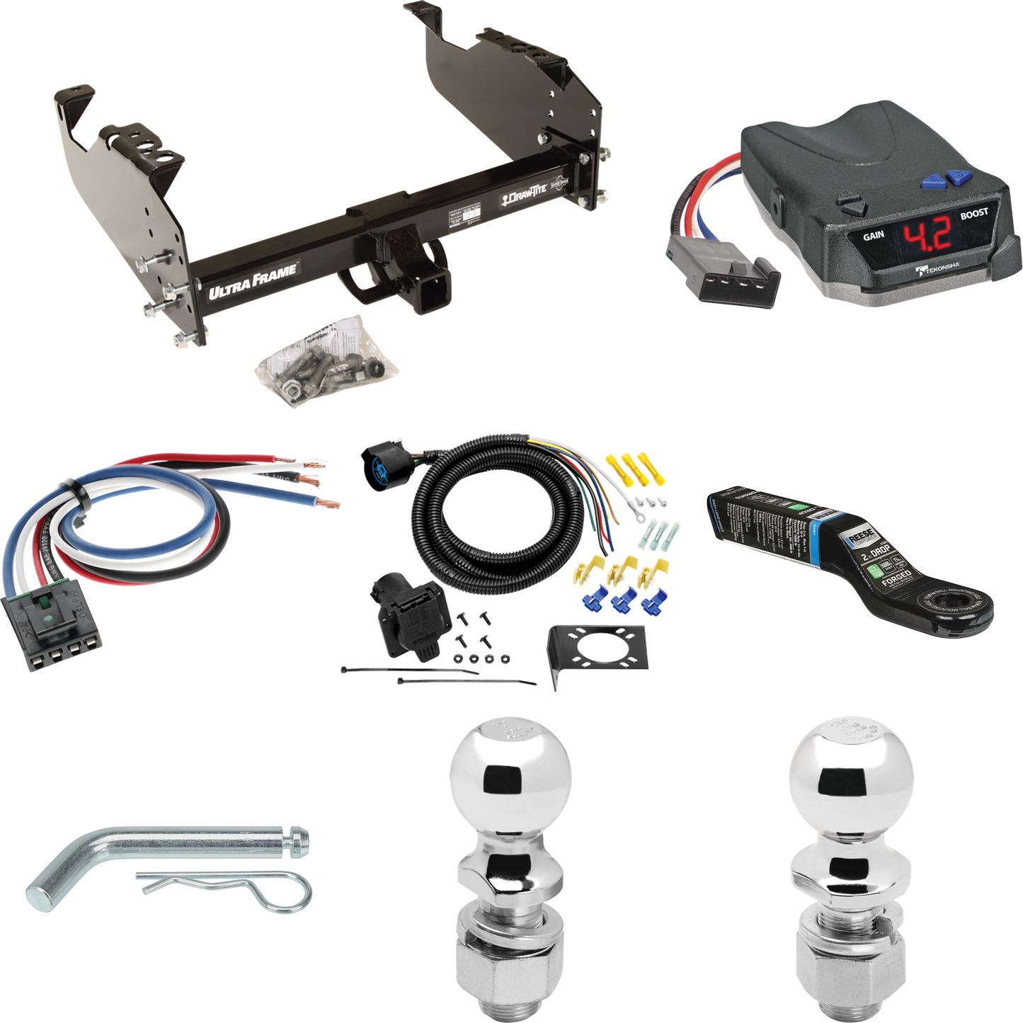 Fits 1999-2009 GMC C7500 Topkick Trailer Hitch Tow PKG w/ Tekonsha BRAKE-EVN Brake Control + Generic BC Wiring Adapter + 7-Way RV Wiring + 2" & 2-5/16" Ball & Drop Mount (For Cab & Chassis, w/34" Wide Frames Models) By Draw-Tite