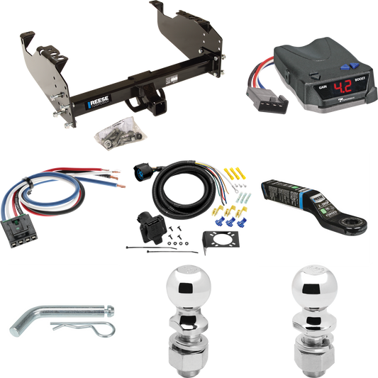 Fits 1985-1986 Chevrolet K20 Trailer Hitch Tow PKG w/ Tekonsha BRAKE-EVN Brake Control + Generic BC Wiring Adapter + 7-Way RV Wiring + 2" & 2-5/16" Ball & Drop Mount (For w/34" Wide Frames Models) By Reese Towpower