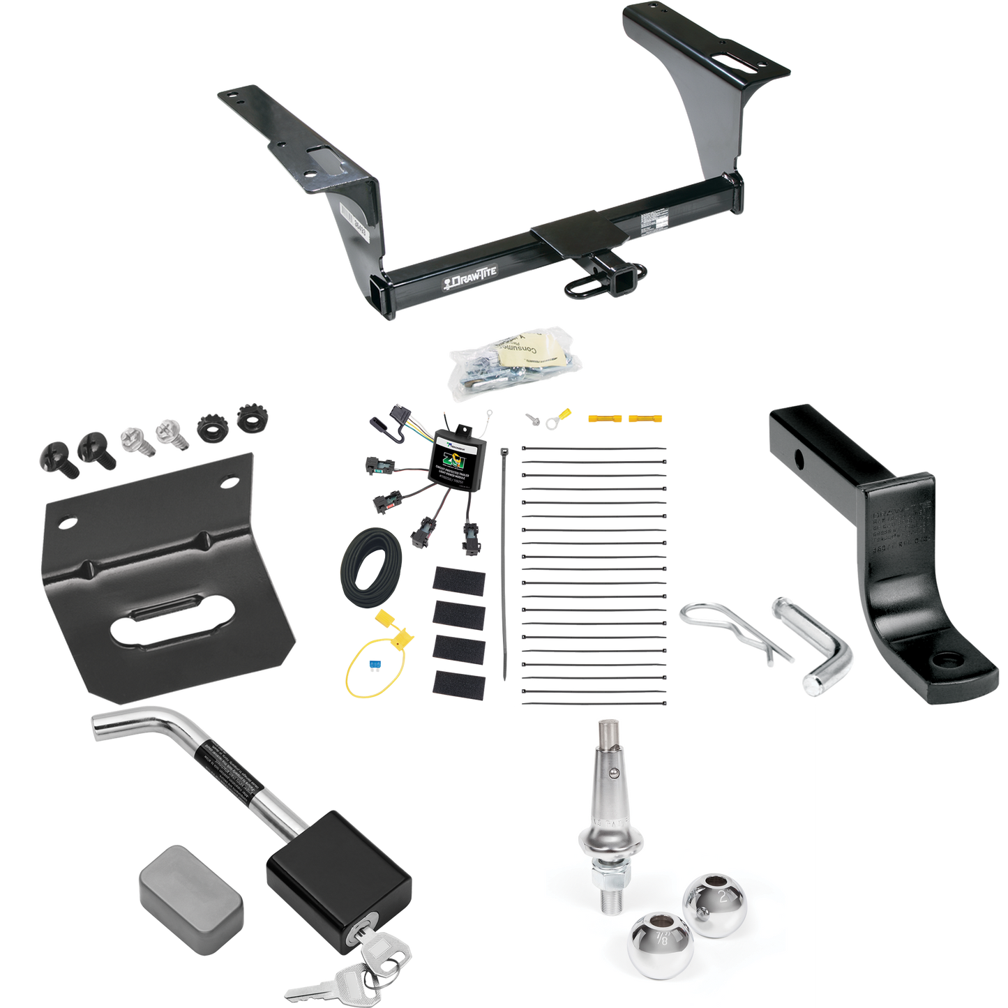 Fits 2010-2014 Subaru Legacy Trailer Hitch Tow PKG w/ 4-Flat Zero Contact "No Splice" Wiring Harness + Draw-Bar + Interchangeable 1-7/8" & 2" Balls + Wiring Bracket + Hitch Lock (For Sedan Models) By Draw-Tite