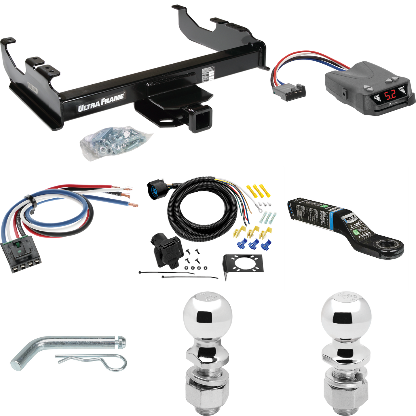 Fits 1963-1984 Chevrolet K10 Trailer Hitch Tow PKG w/ Tekonsha Brakeman IV Brake Control + Generic BC Wiring Adapter + 7-Way RV Wiring + 2" & 2-5/16" Ball & Drop Mount By Draw-Tite