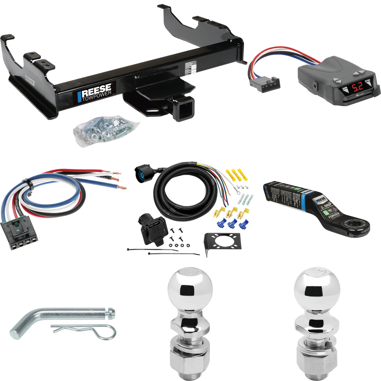 Fits 1985-1986 Chevrolet C30 Trailer Hitch Tow PKG w/ Tekonsha Brakeman IV Brake Control + Generic BC Wiring Adapter + 7-Way RV Wiring + 2" & 2-5/16" Ball & Drop Mount (For w/34" Wide Frames Models) By Reese Towpower