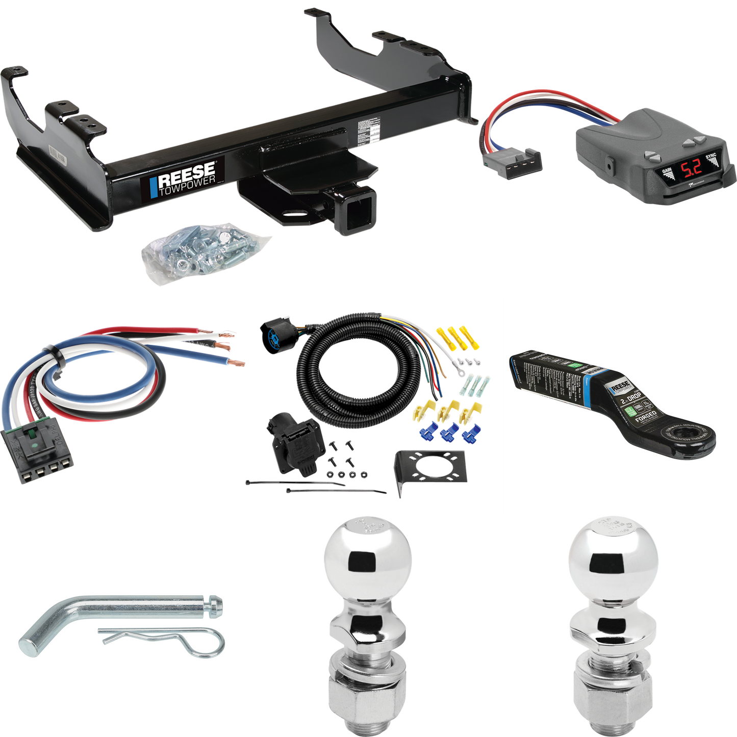 Fits 1985-2000 GMC K3500 Trailer Hitch Tow PKG w/ Tekonsha Brakeman IV Brake Control + Generic BC Wiring Adapter + 7-Way RV Wiring + 2" & 2-5/16" Ball & Drop Mount (For w/34" Wide Frames Models) By Reese Towpower