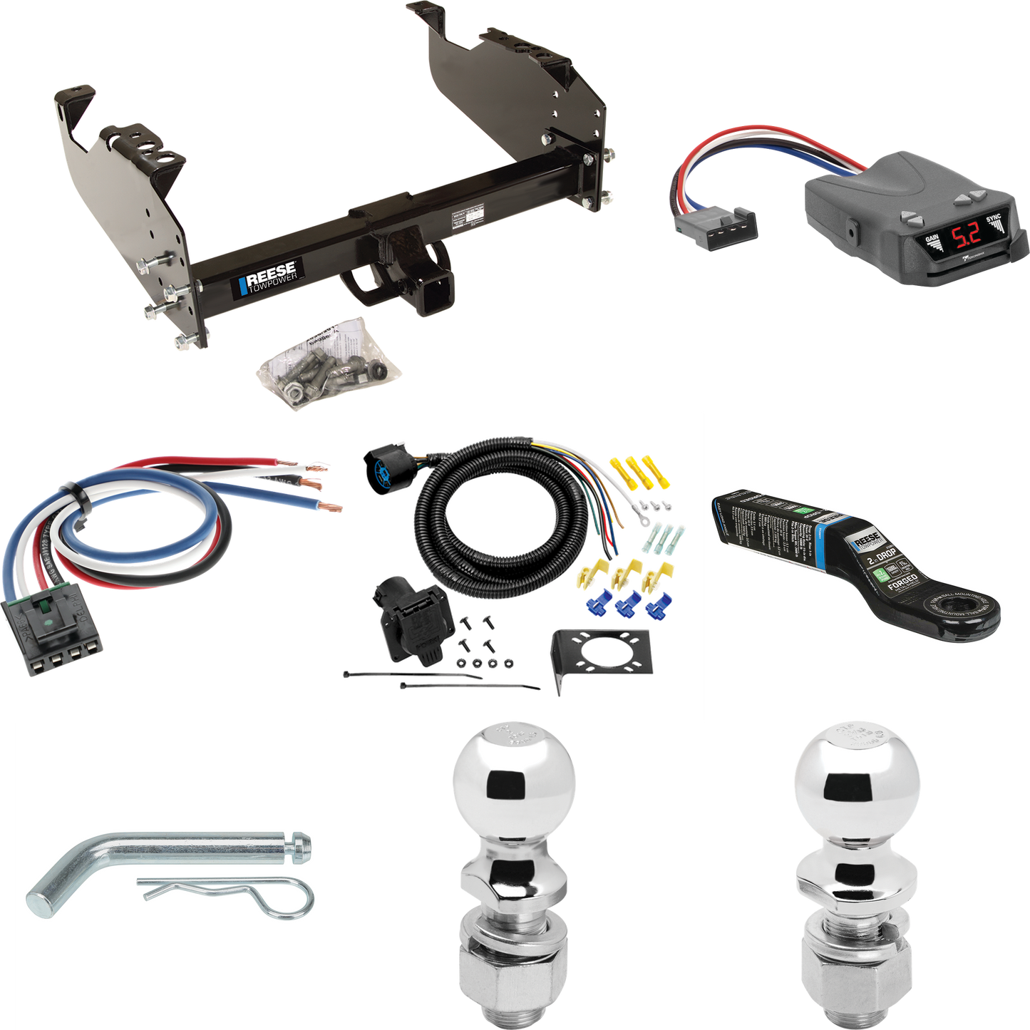 Fits 1985-1999 GMC K1500 Trailer Hitch Tow PKG w/ Tekonsha Brakeman IV Brake Control + Generic BC Wiring Adapter + 7-Way RV Wiring + 2" & 2-5/16" Ball & Drop Mount (For w/34" Wide Frames Models) By Reese Towpower