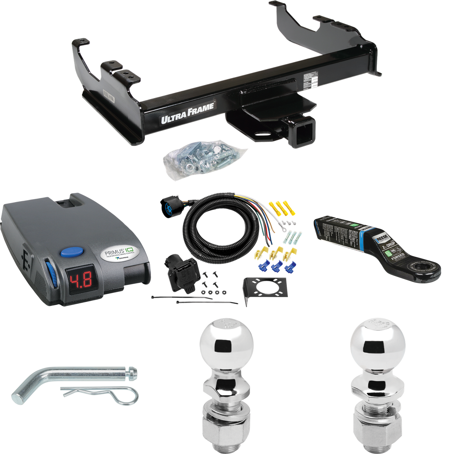 Fits 1985-1986 GMC K1500 Trailer Hitch Tow PKG w/ Tekonsha Primus IQ Brake Control + 7-Way RV Wiring + 2" & 2-5/16" Ball & Drop Mount (For w/34" Wide Frames Models) By Draw-Tite