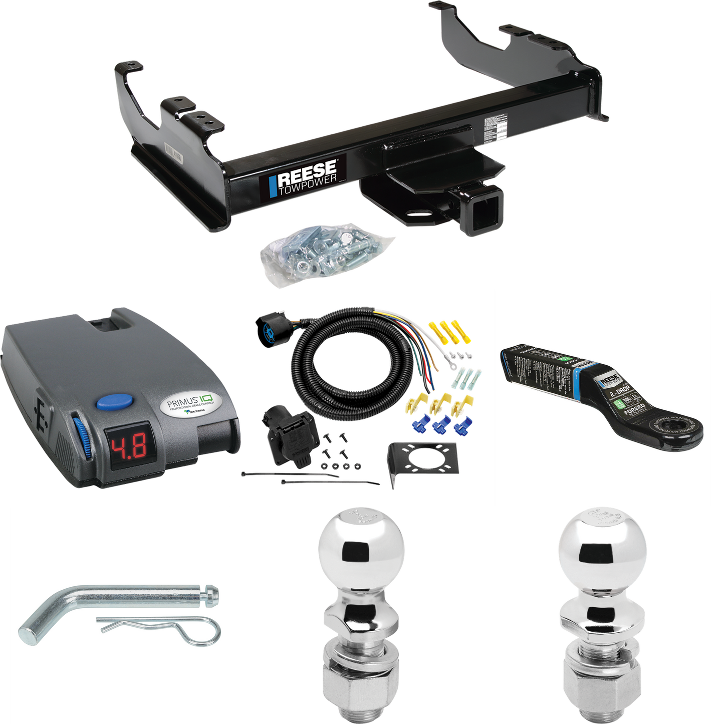Fits 1985-1986 Chevrolet K30 Trailer Hitch Tow PKG w/ Tekonsha Primus IQ Brake Control + 7-Way RV Wiring + 2" & 2-5/16" Ball & Drop Mount (For w/34" Wide Frames Models) By Reese Towpower