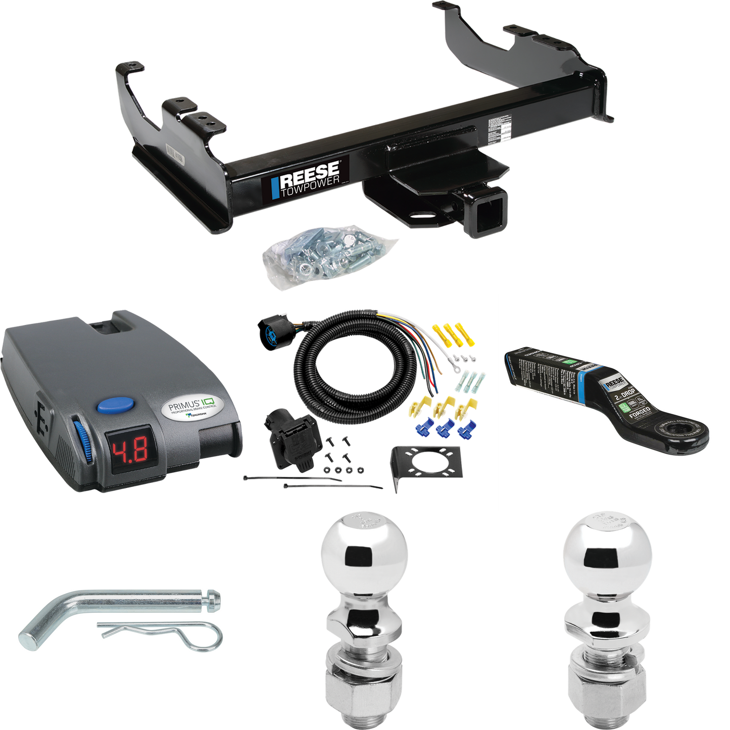 Fits 1977-1984 Chevrolet K30 Trailer Hitch Tow PKG w/ Tekonsha Primus IQ Brake Control + 7-Way RV Wiring + 2" & 2-5/16" Ball & Drop Mount By Reese Towpower