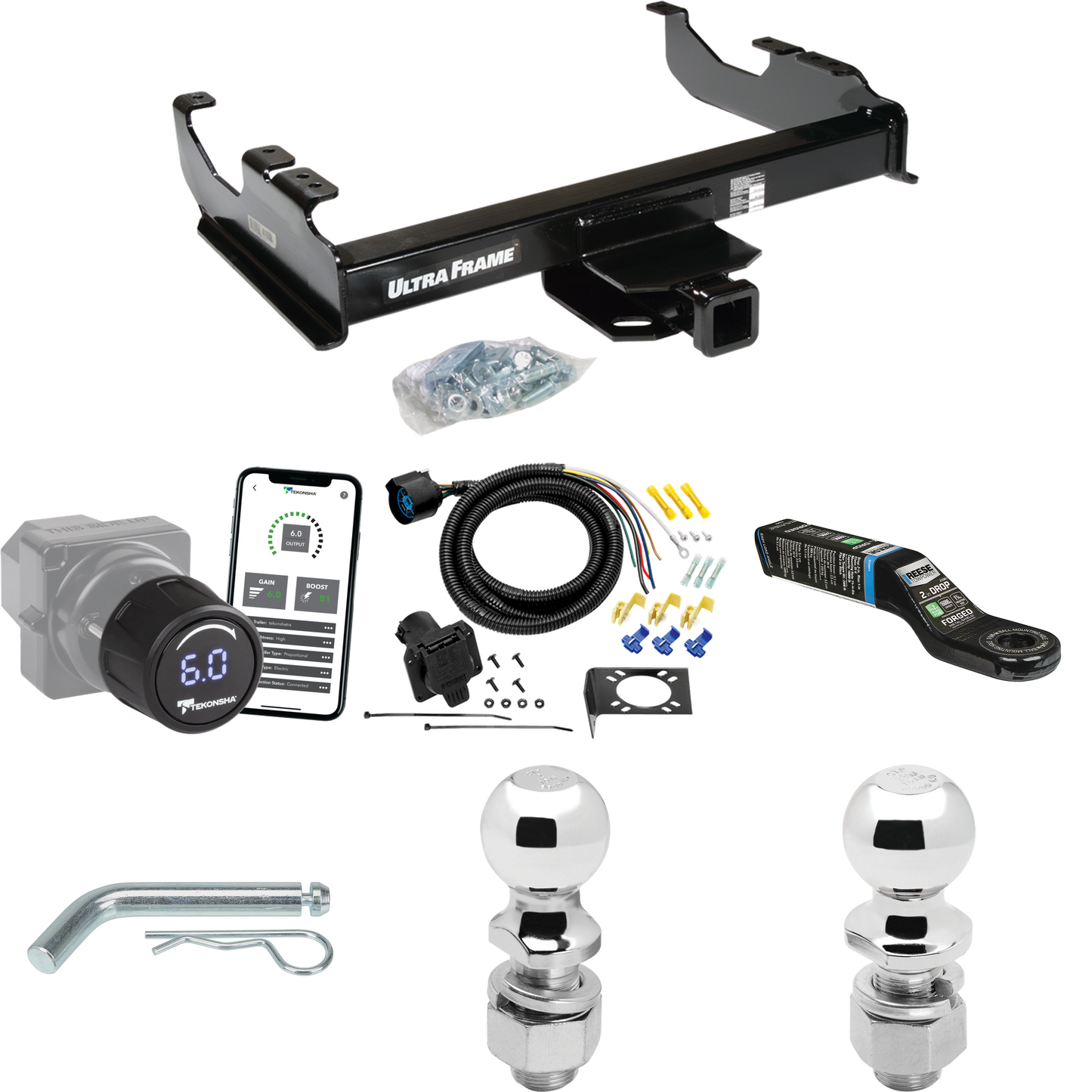 Fits 1985-1986 Chevrolet C30 Trailer Hitch Tow PKG w/ Tekonsha Prodigy iD Bluetooth Wireless Brake Control + 7-Way RV Wiring + 2" & 2-5/16" Ball & Drop Mount (For w/34" Wide Frames Models) By Draw-Tite