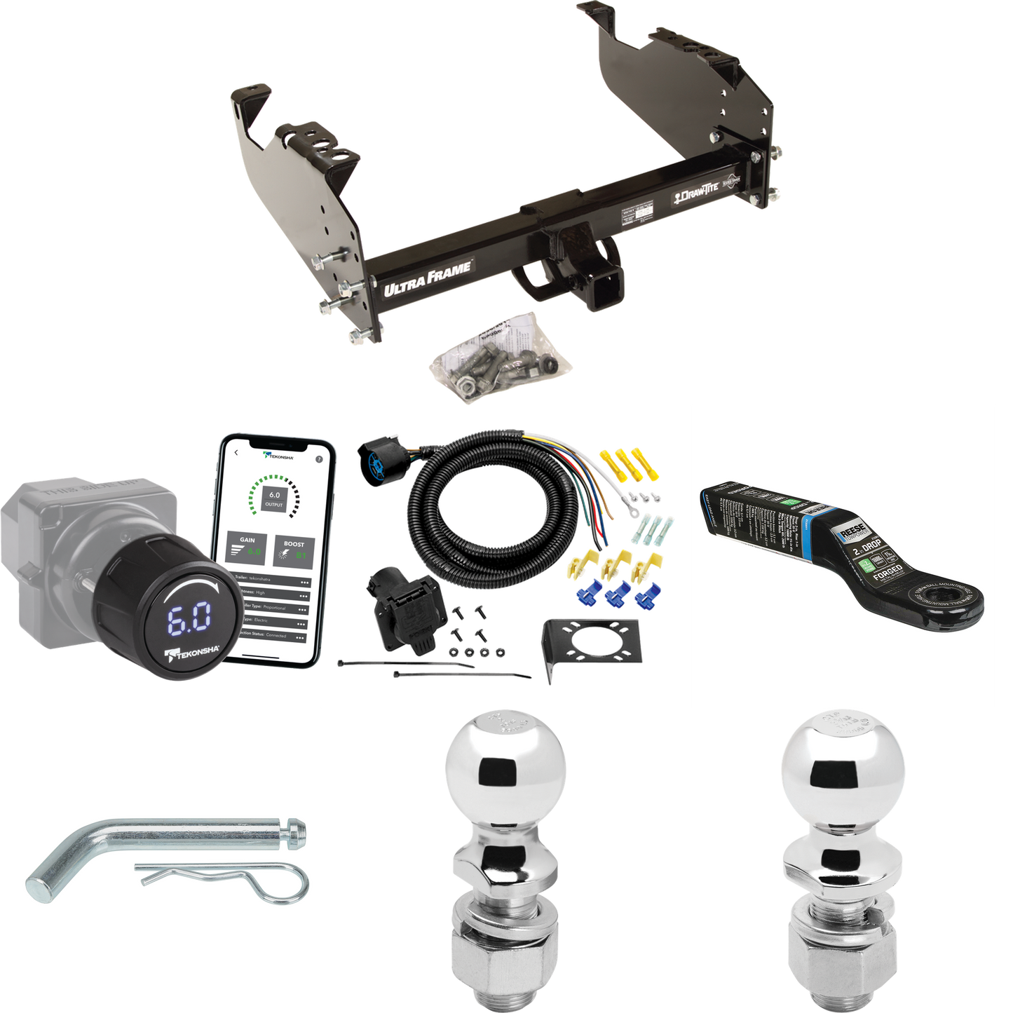 Fits 1999-2009 GMC C7500 Topkick Trailer Hitch Tow PKG w/ Tekonsha Prodigy iD Bluetooth Wireless Brake Control + 7-Way RV Wiring + 2" & 2-5/16" Ball & Drop Mount (For Cab & Chassis, w/34" Wide Frames Models) By Draw-Tite