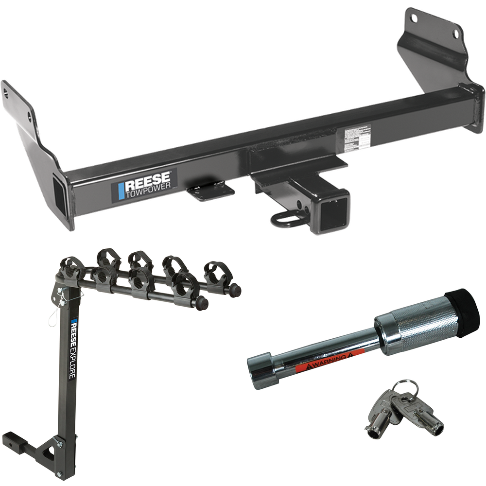 Fits 2021-2021 Jeep Grand Cherokee Trailer Hitch Tow PKG w/ 4 Bike Carrier Rack + Hitch Lock (Excludes: w/OEM Tow Hook or ECODiesel Engine Models) By Reese Towpower