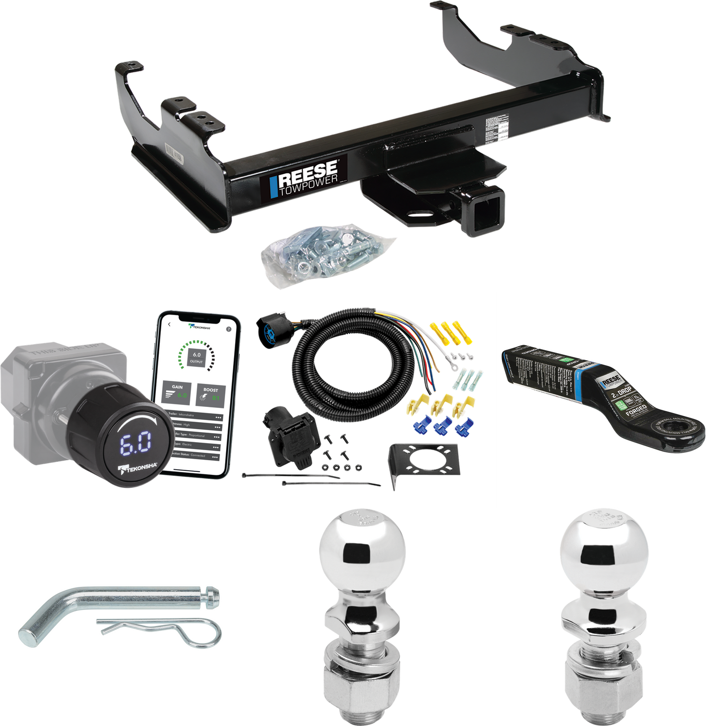 Fits 1985-1999 GMC C1500 Trailer Hitch Tow PKG w/ Tekonsha Prodigy iD Bluetooth Wireless Brake Control + 7-Way RV Wiring + 2" & 2-5/16" Ball & Drop Mount (For w/34" Wide Frames Models) By Reese Towpower