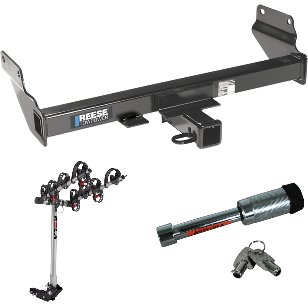 Fits 2021-2021 Jeep Grand Cherokee Trailer Hitch Tow PKG w/ 4 Bike Carrier Rack + Hitch Lock (For w/OEM Tow Hook, Except w/ECODiesel Engine Models) By Reese Towpower