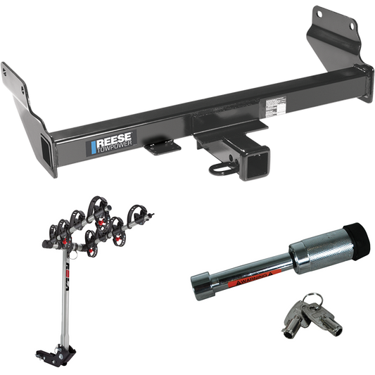 Fits 2021-2021 Jeep Grand Cherokee Trailer Hitch Tow PKG w/ 4 Bike Carrier Rack + Hitch Lock (For w/OEM Tow Hook, Except w/ECODiesel Engine Models) By Reese Towpower