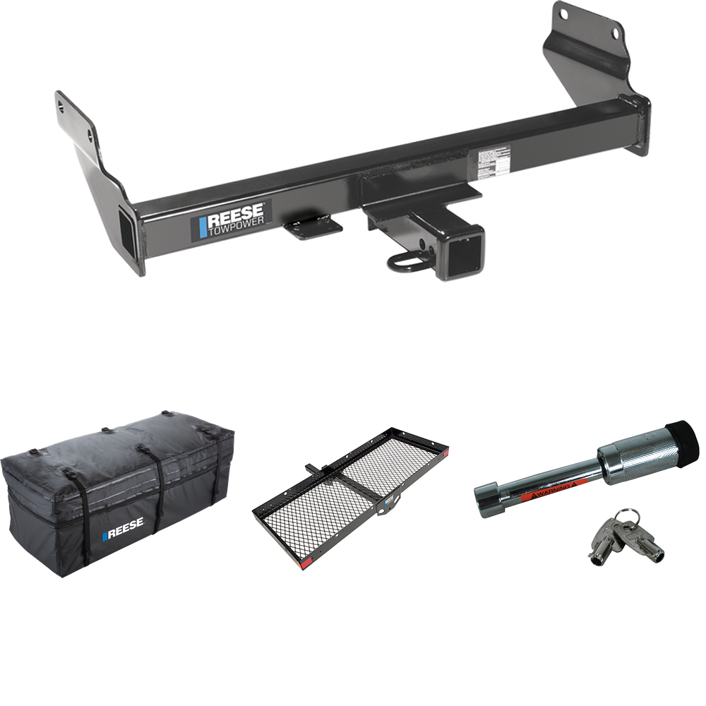 Fits 2014-2021 Jeep Grand Cherokee Trailer Hitch Tow PKG w/ 48" x 20" Cargo Carrier + Cargo Bag + Hitch Lock (For w/OEM Tow Hook, Except w/ECODiesel Engine Models) By Reese Towpower