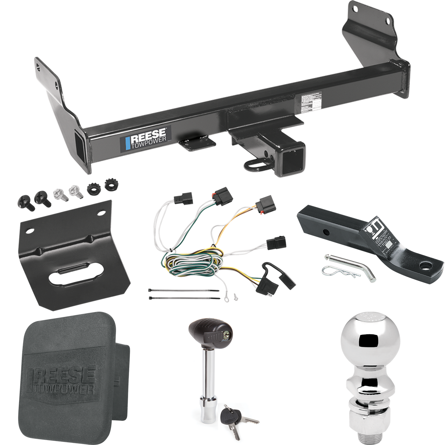 Fits 2011-2013 Jeep Grand Cherokee Trailer Hitch Tow PKG w/ 4-Flat Wiring + Ball Mount w/ 2" Drop + 2-5/16" Ball + Wiring Bracket + Hitch Lock + Hitch Cover (Excludes: w/OEM Tow Hook Models) By Reese Towpower